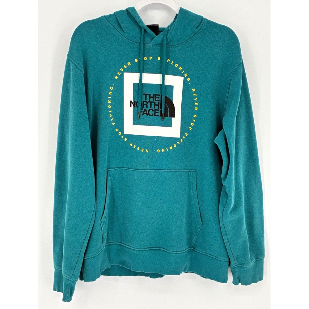 The North Face Men's L Teal Pullover Hoodie Fleece Logo Graphic Kangaroo Pocket